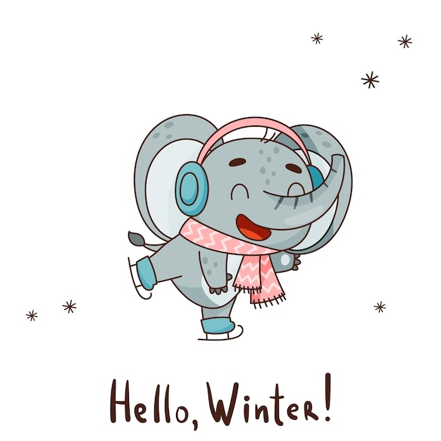 Cute elephant is skating. ice rink, scarf, headphones. vector illustration for designs, prints