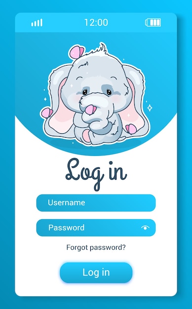 Schermata dell'app mobile per bambini elefante carino con personaggio kawaii dei cartoni animati. accedi, crea account gioco per smartphone, applicazione di social media. pagine blu di registrazione del profilo utente con animali