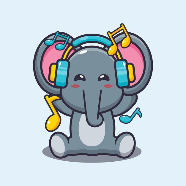 Cute elephant listening music with headphone