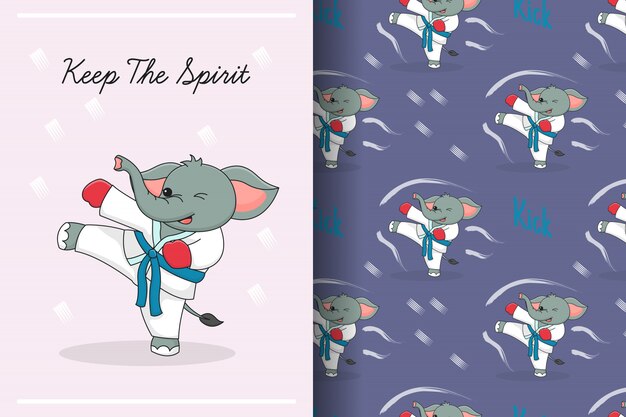 cute elephant martial art kick seamless pattern and card