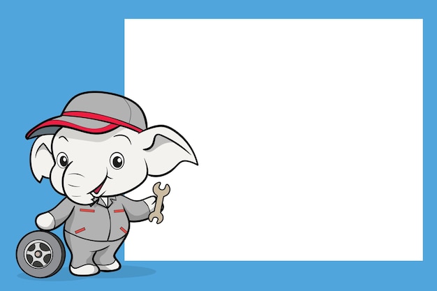 Cute elephant mascot worker uniform Car mechanic with white board