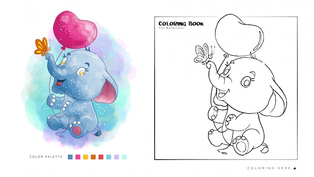 風船と蝶の水彩塗り絵で遊ぶかわいい象