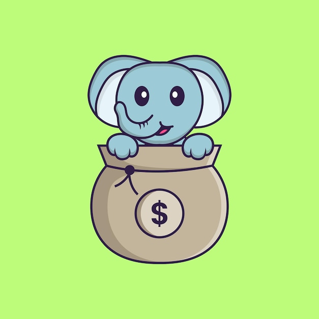 お金の袋で遊ぶかわいい象動物漫画の概念が分離されました