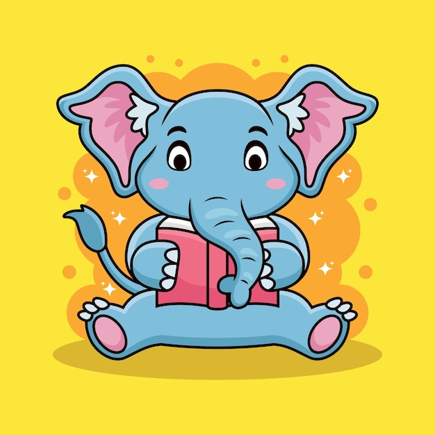 Simpatico elefante legge un libro cartone animato conoscenza animale vettore icona illustrazione isolata su vettore premium