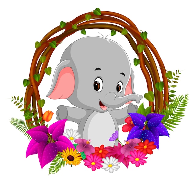 cute elephant in root of tree frame with flower