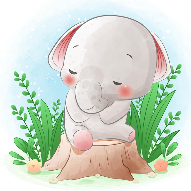 Cute elephant sitting on tree stump with green plants