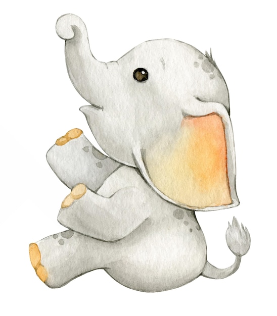 Simpatico elefante seduto animale dell'acquerello in stile cartone animato su uno sfondo isolato
