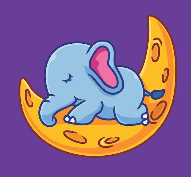 Милый слон спит на луне изолированных мультяшных животных иллюстрации Плоский стиль стикер значок