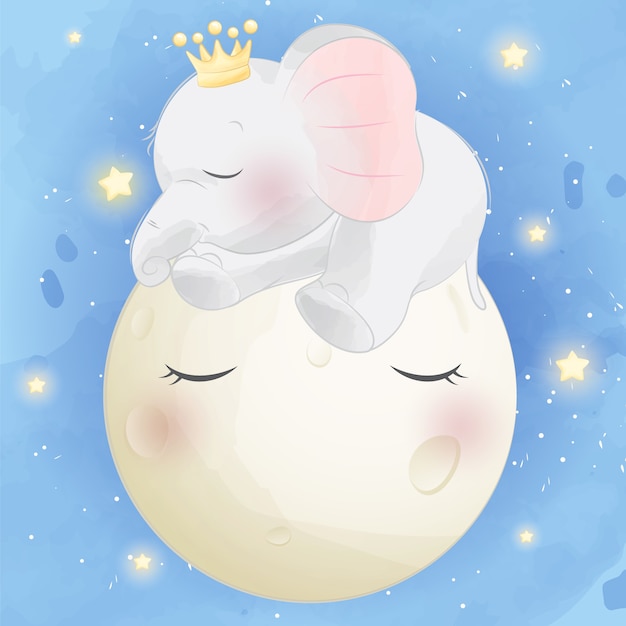 cute elephant sleeping on the moon