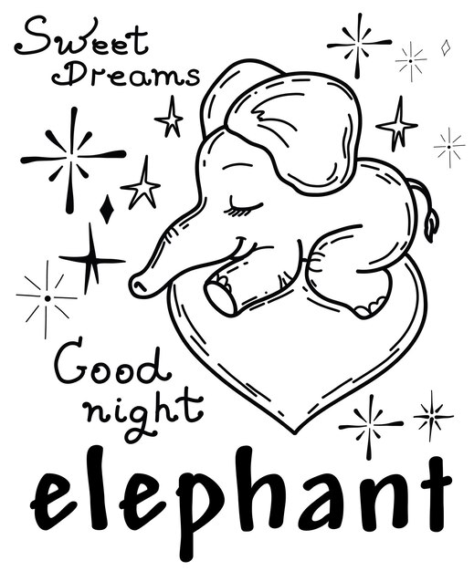 Vector cute elephant sleeps on a cloud hand drawn on the theme of sleep doodle