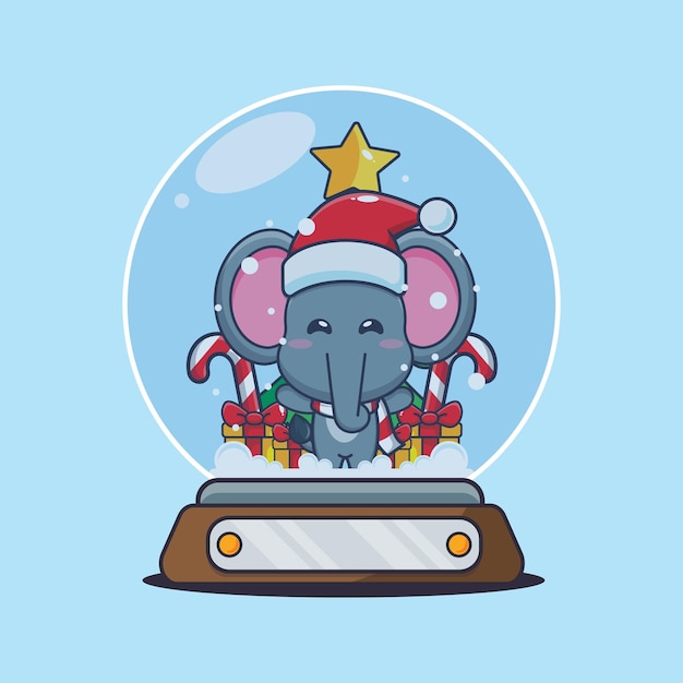 Cute elephant in snow globe. Cute christmas cartoon illustration.