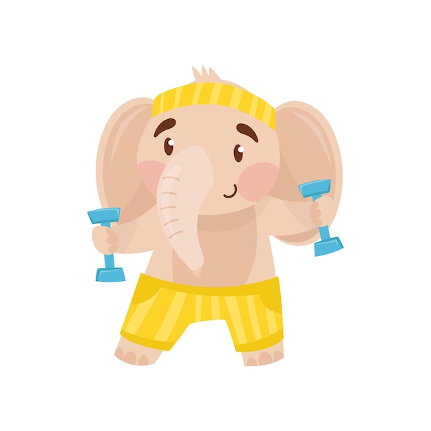 Simpatico elefante in pantaloncini sportivi e fascia per la testa che fa esercizio con manubri animale selvatico con orecchie grandi e tronco lungo disegno vettoriale piatto
