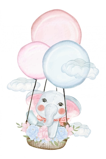 Vector cute elephant spring with balloon