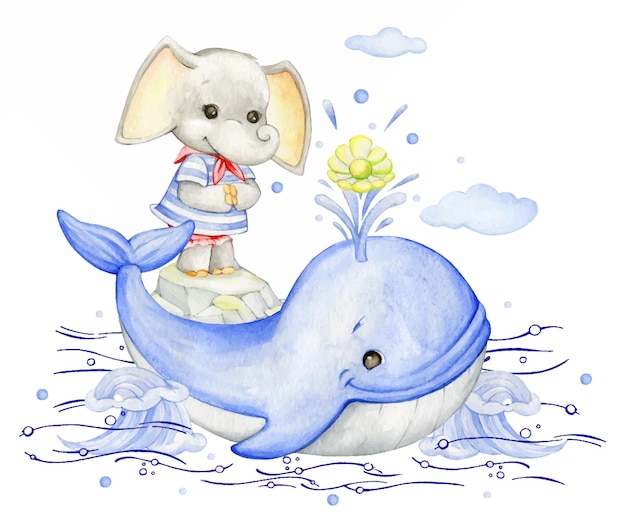 孤立した背景のかわいい象クジラ真珠貝水彩クリップアート プレミアムベクター 孤立した背景のかわいい象クジラ真珠貝水彩クリップアート プレミアムベクター