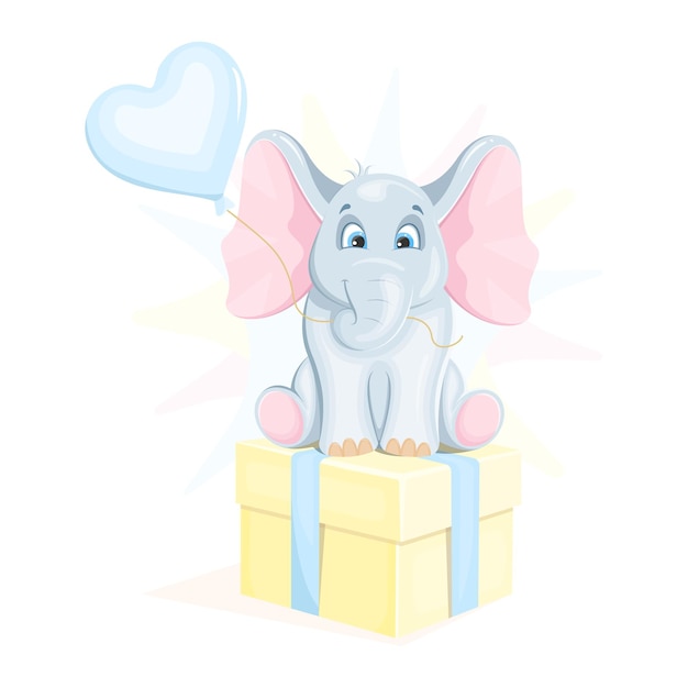 풍선 하트가 있는 귀여운 코끼리는 선물 상자에 앉아 있습니다.