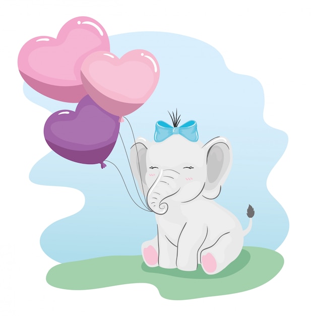 Вектор Милый слоник с воздушными шариками гелием в форме сердца