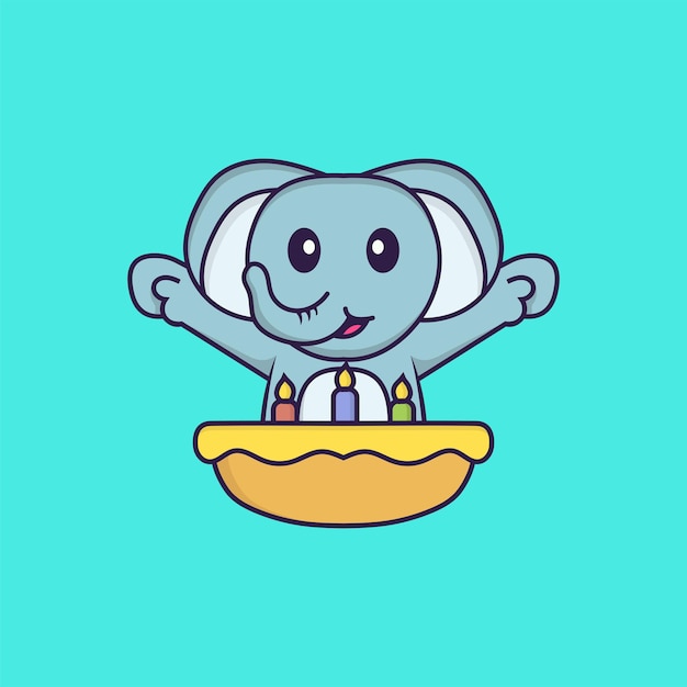 Cute elephant with birthday cake. Animal cartoon concept isolated.  Flat Cartoon Style