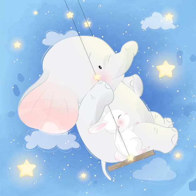 cute elephant with bunny sitting on the swing