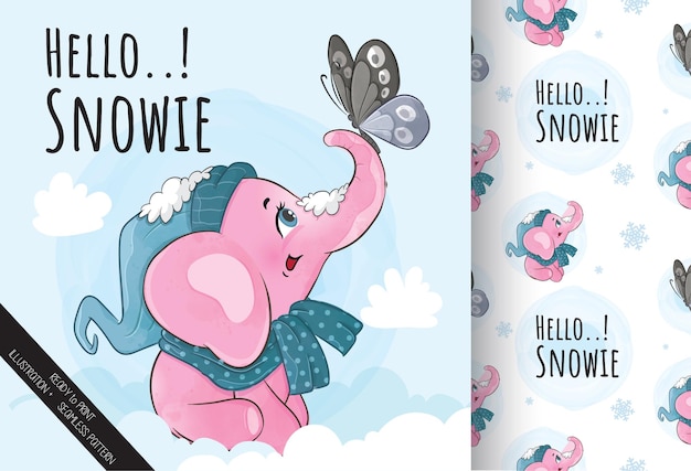 Simpatico elefante con farfalla sulla neve illustrazione - illustrazione di sfondo