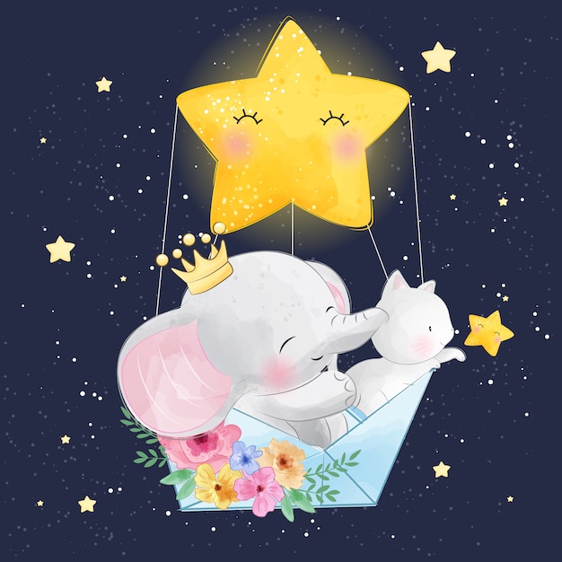 Cute elephant with little kitty flying in the space