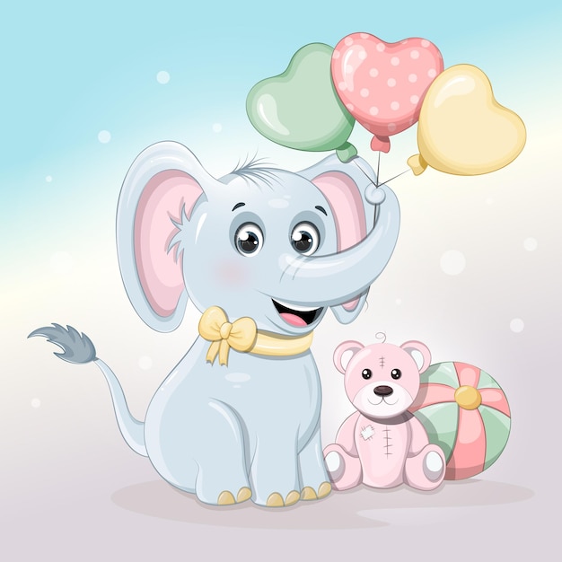 Вектор Милый слон с плюшевым мишкой и воздушными шарами