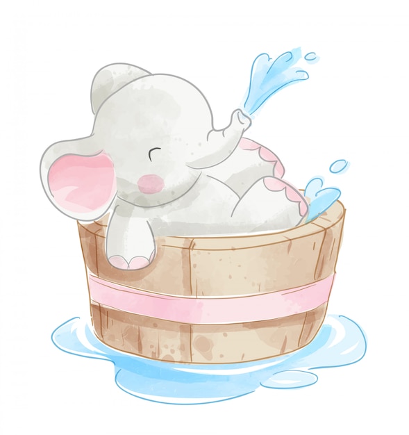 Cute elephant in wooden bathtub