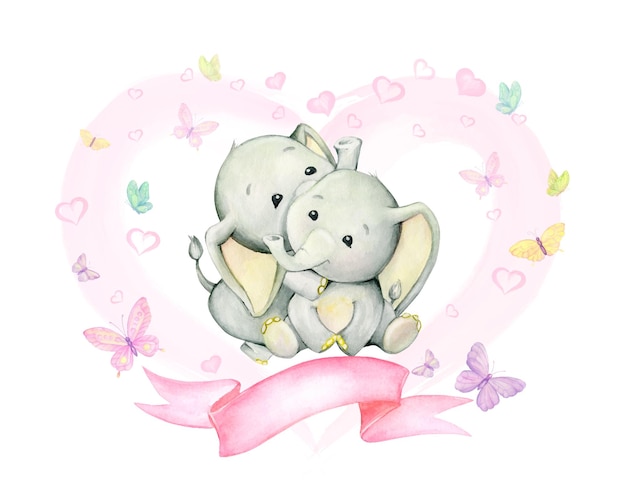 Cute elephants on a background of a heart Watercolor concept on isolated background For Valentine's day