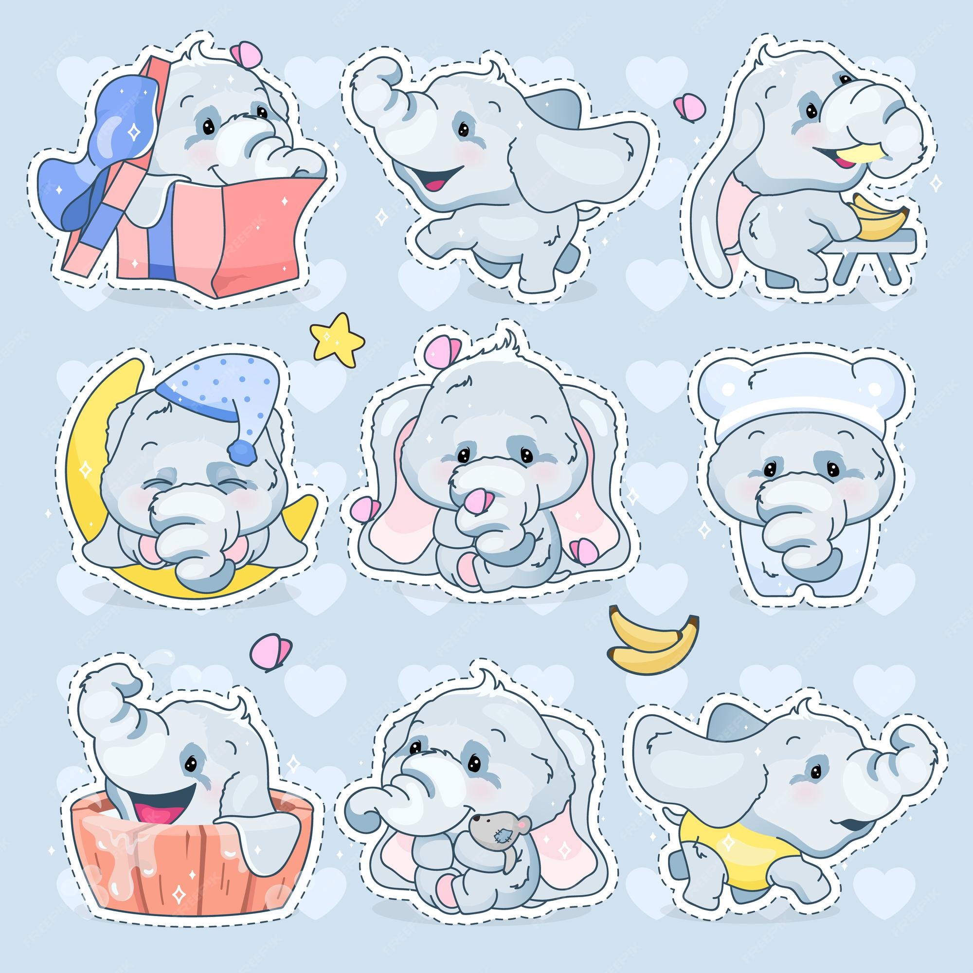 Cute elephants kawaii cartoon vector characters set. Adorable and funny  animal different poses and emotions isolated sticker, patch. Anime baby boy  elephants emoji on blue background, Stock vector