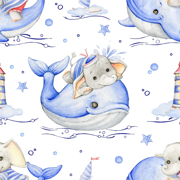 Cute elephants sailors riding whales Watercolor seamless pattern on an isolated background