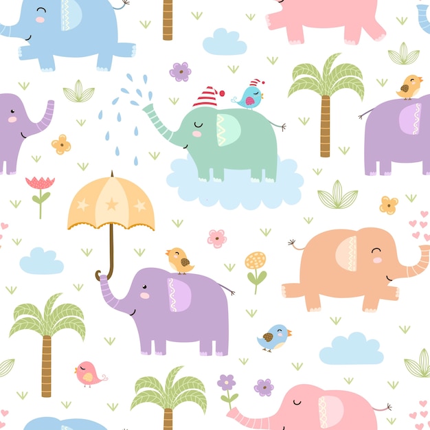 Vector cute elephants seamless pattern.