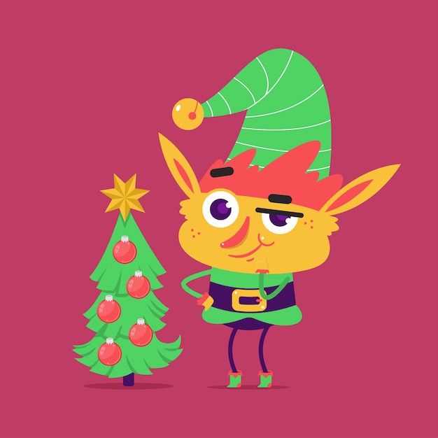 Cute elf  character with christmas tree isolated on background.