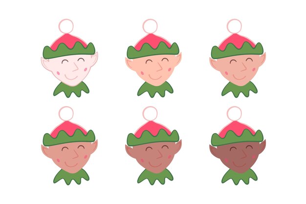 ベクトル 可愛いエルフのクリスマスキャラクターのステッカーと異なる皮膚のバリエーション
