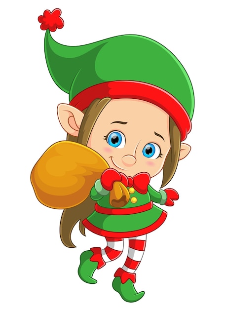 Vector cute elf girl holding a big sack gift