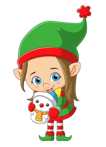Vector cute elf girl holding a snowman toy