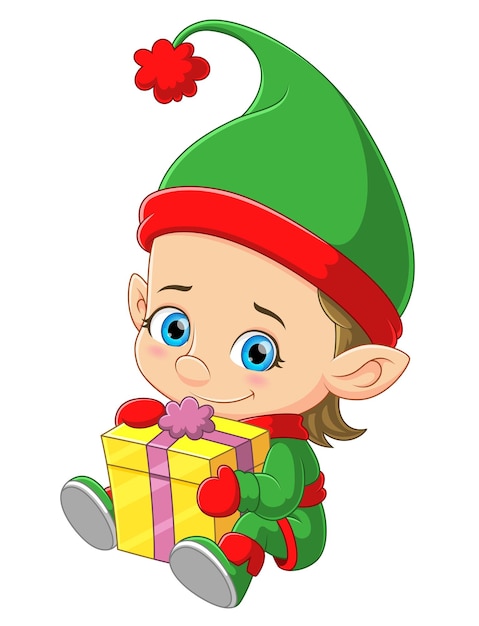 Cute elf sitting and holding a gift