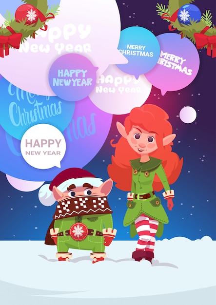 Cute elfs couple greeting with merry christmas and happy new year holiday card