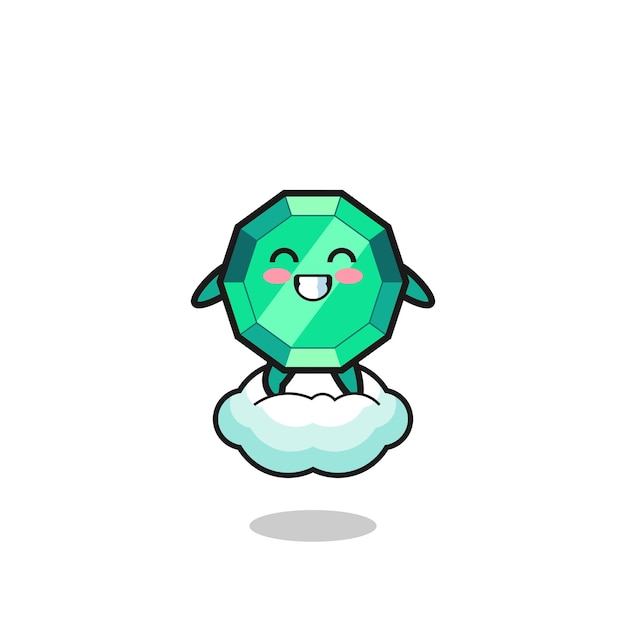 Cute emerald gemstone illustration riding a floating cloud