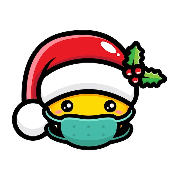 Vector cute emoji wearing santa hat and mask