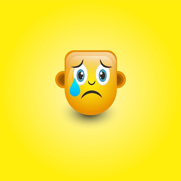 노란색 배경에 고립 된 귀여운 이모티콘 슬픈 얼굴