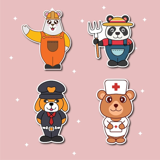 Vector cute employee animal stickers collection illustration