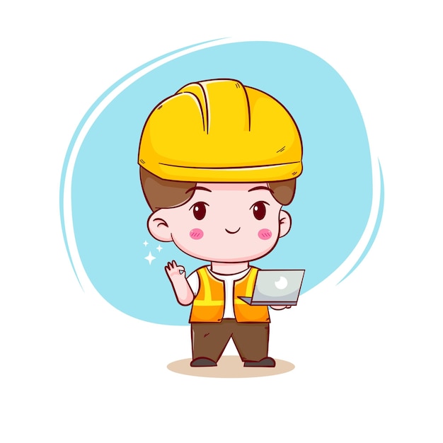 Cute Engineer construction worker working on laptop hand drawn cartoon