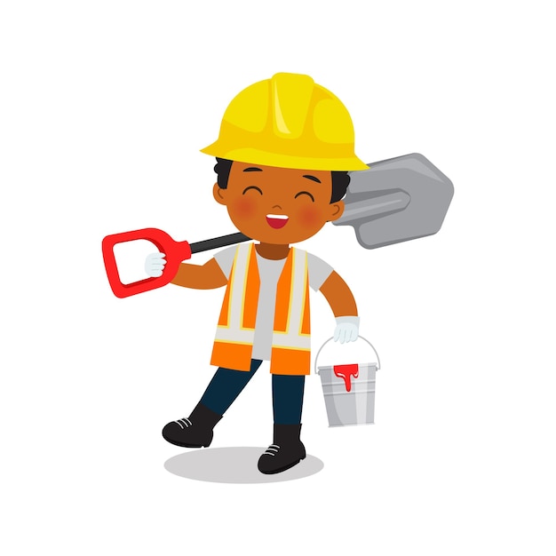 Cute engineer worker boy holding a shovel and metal bucket flat vector cartoon design