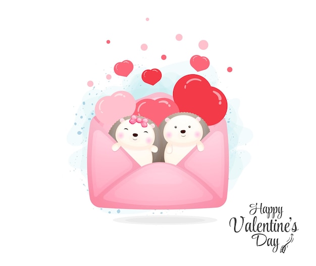 Cute envelope with hedgehog couple inside cute valentine element cartoon character