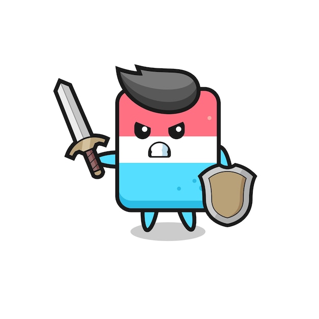 Cute eraser soldier fighting with sword and shield , cute style design for t shirt, sticker, logo element