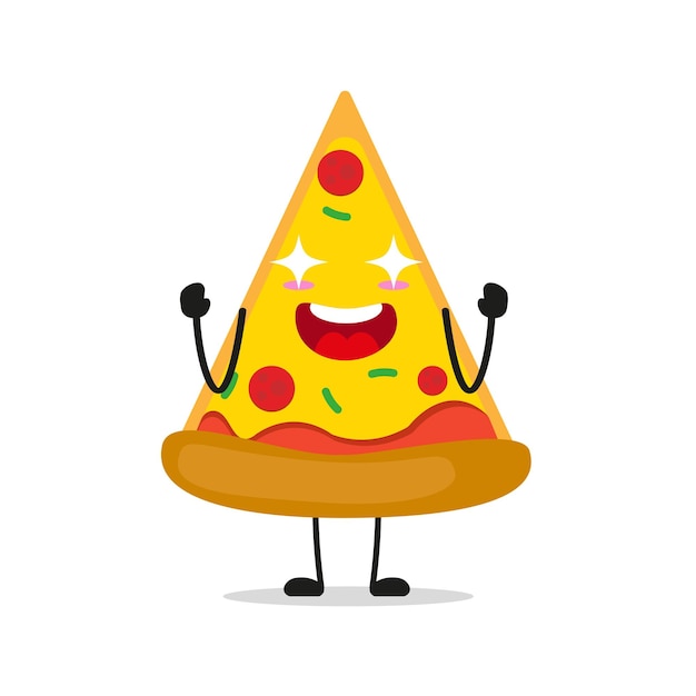 Caratteristica della pizza carino eccitato caricatura della torta elettrizzante in stile piatto emoji di cibo