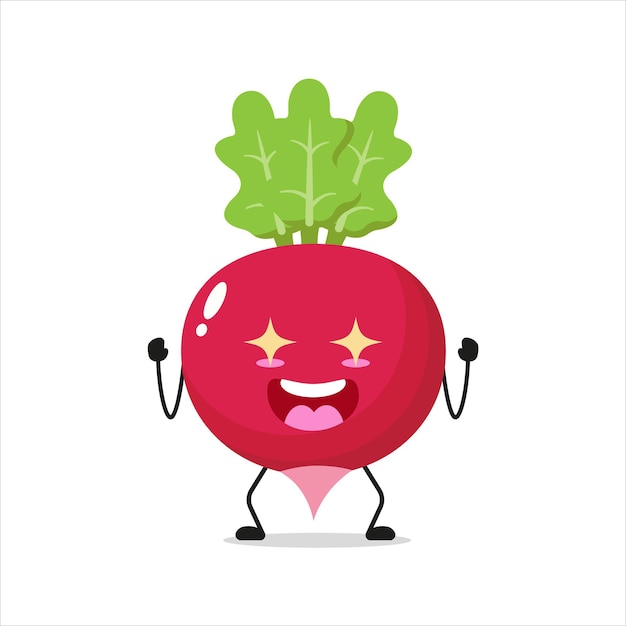 Vector cute excited radish character funny electrifying vegetable cartoon emoticon in flat style