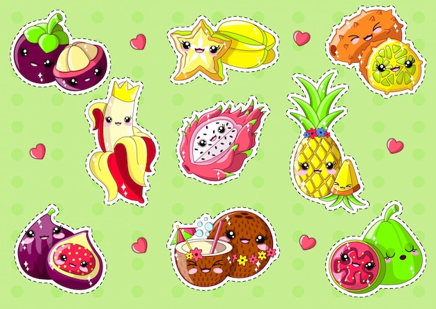 Vector cute exotic fruits  on green background.