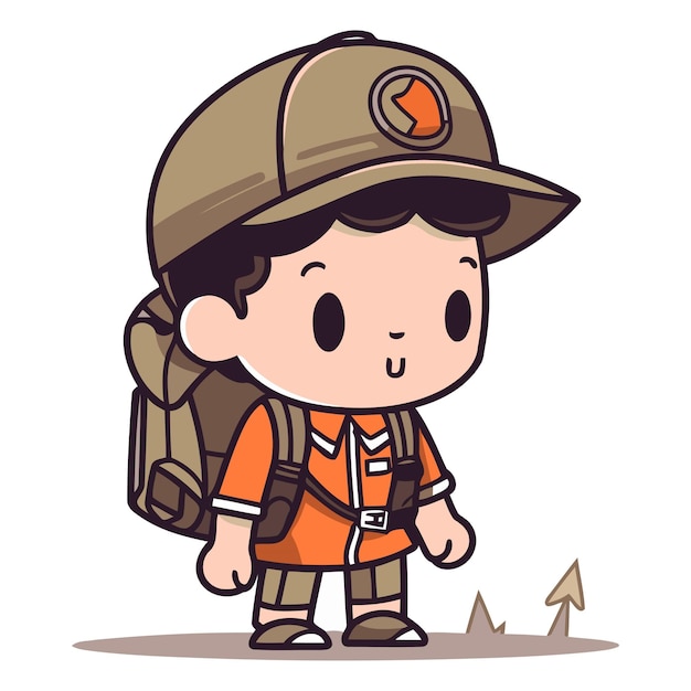 Милый мальчик-исследователь с рюкзаком и компасом Карикатурная векторная иллюстрация