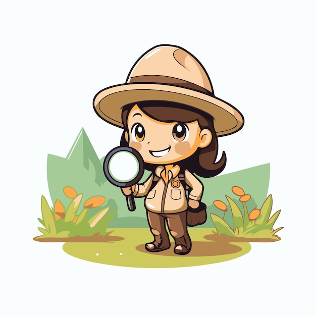 Cute explorer girl with a magnifying glass Vector illustration