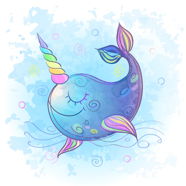 Cute fabulous unicorn whale. watercolor.